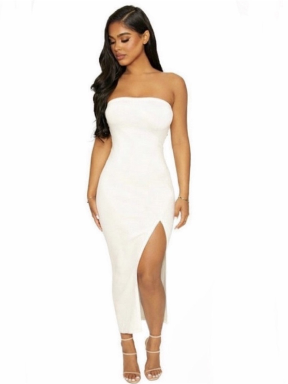 Naked Wardrobe Meant Tu-Be Midi Ribbed Dress w/ Side Slit in White Size M